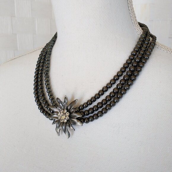 Handmade Floral Beaded Necklace Hematite Triple Layer Corsage Jewelry Whimsigoth - Picture 5 of 11